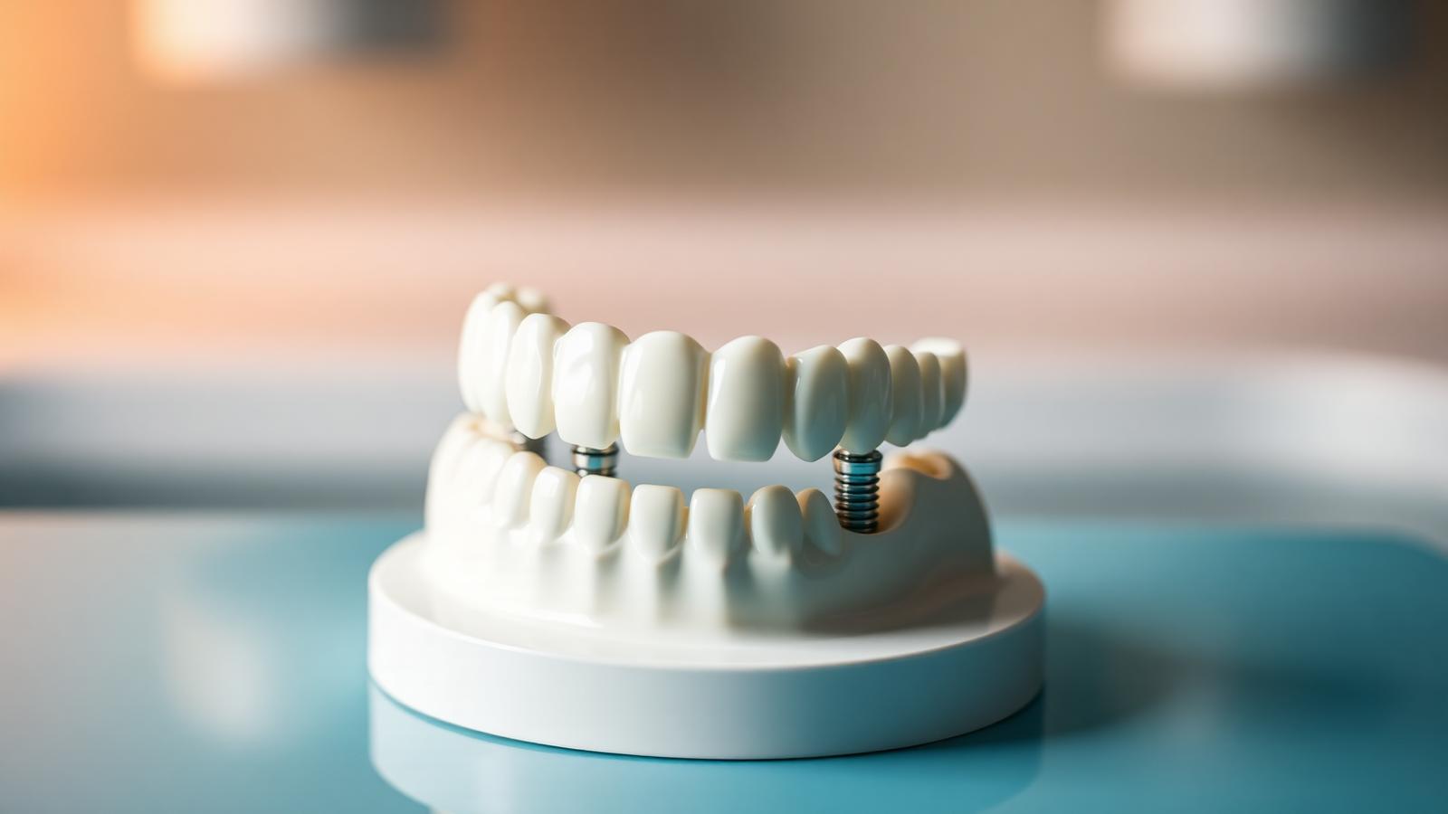 Full-arch dental implant model with two visible fixtures on a clinical surface, illustrating Turkey full-mouth implant pricing.