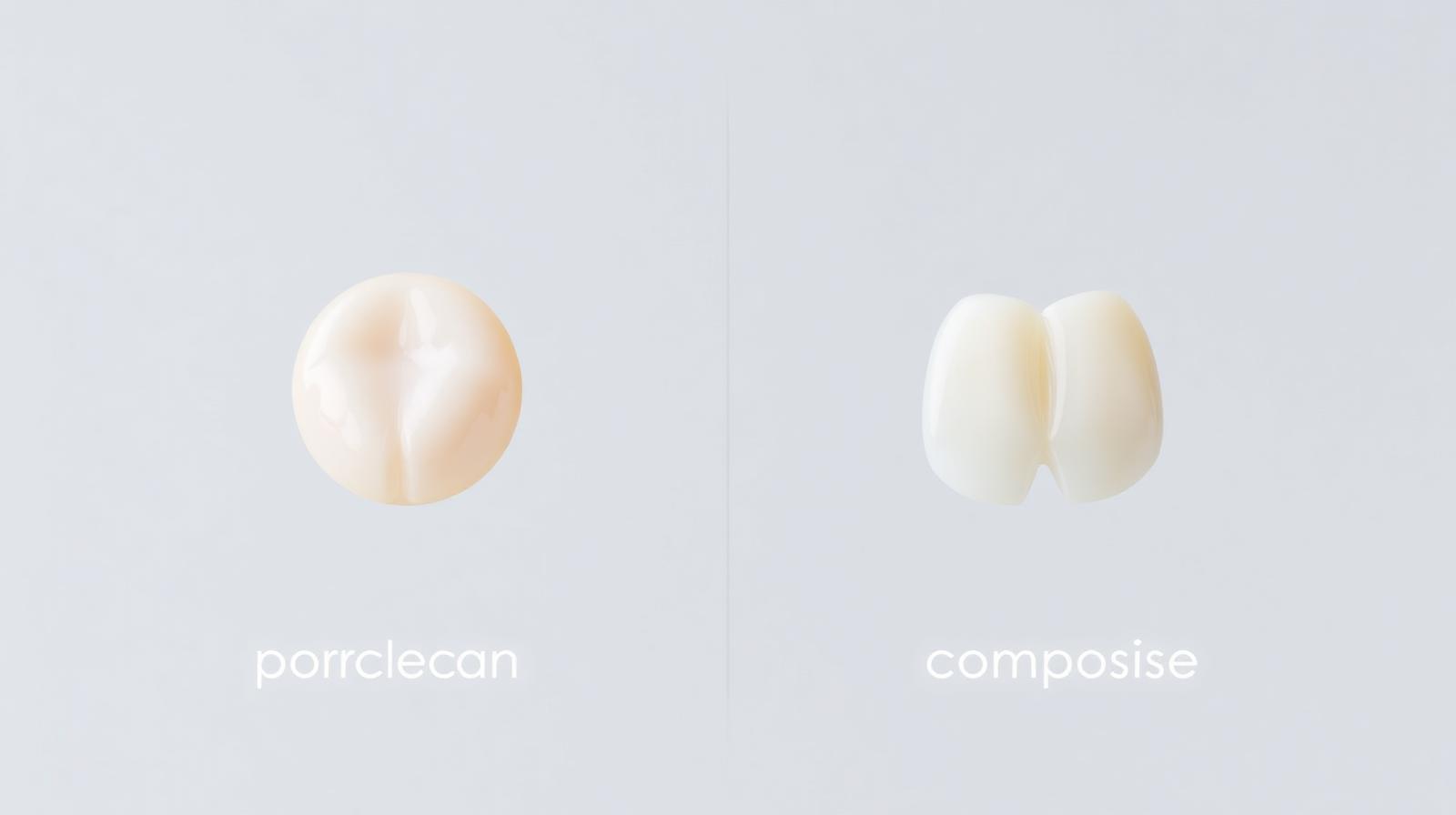 Side-by-side clinical photographs of a porcelain veneer and a composite veneer placed on adjacent central incisors, with material property labels.