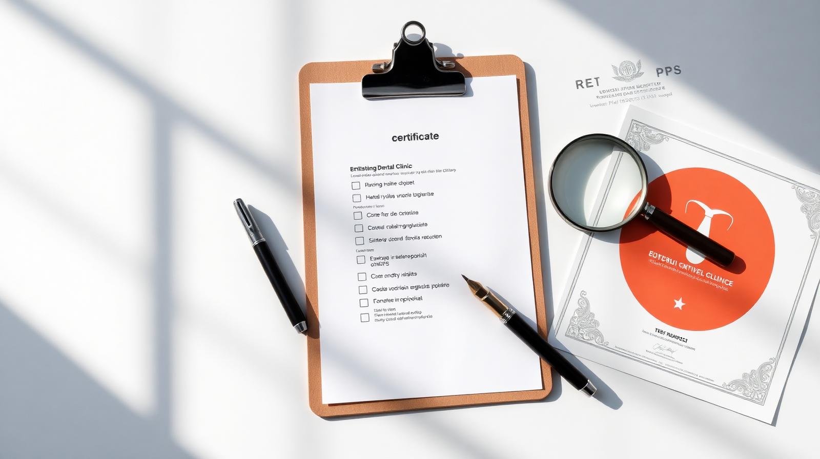 Checklist of 12 clinic-vetting criteria laid out alongside HTAC licence reference, BACD logo, and Turkish Dental Association (TDB) logo for Turkey dental tourism.