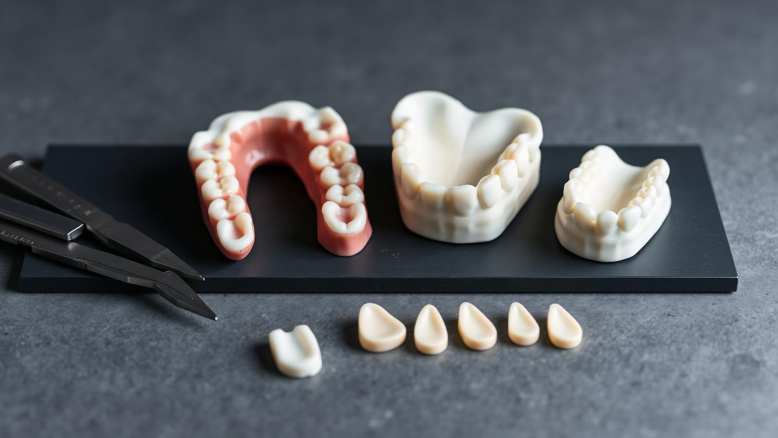 Cross-section diagram showing the layers of a zirconia crown and a lithium disilicate veneer used in Turkey, illustrated by ceramic samples on a slate surface.
