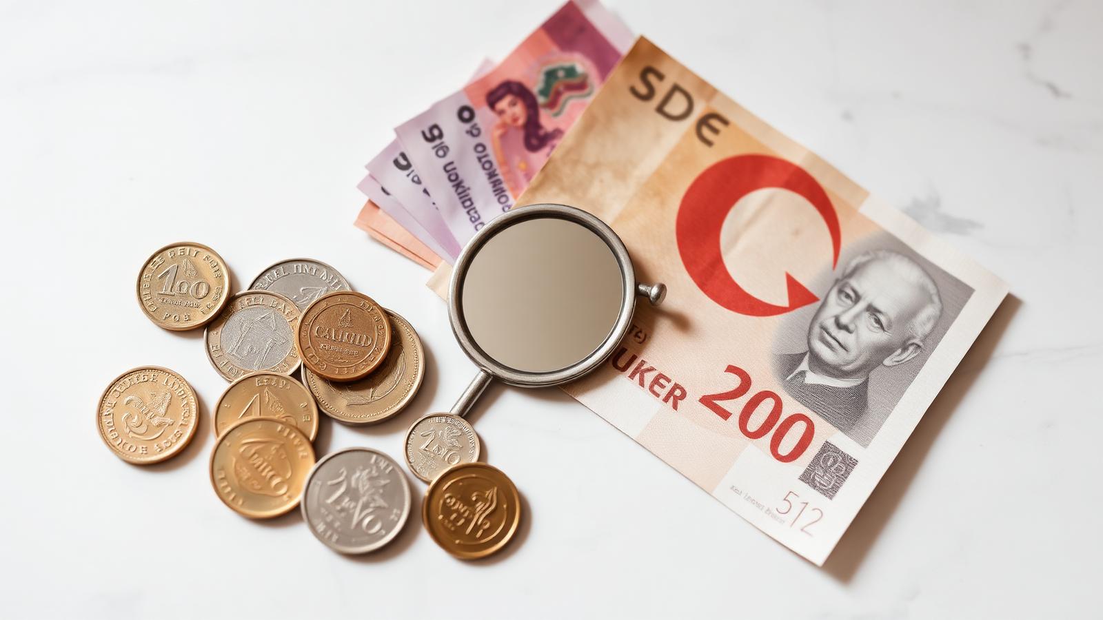 British pound coins and Turkish lira banknotes arranged with a small dental mirror, illustrating the UK–Turkey cost differential.